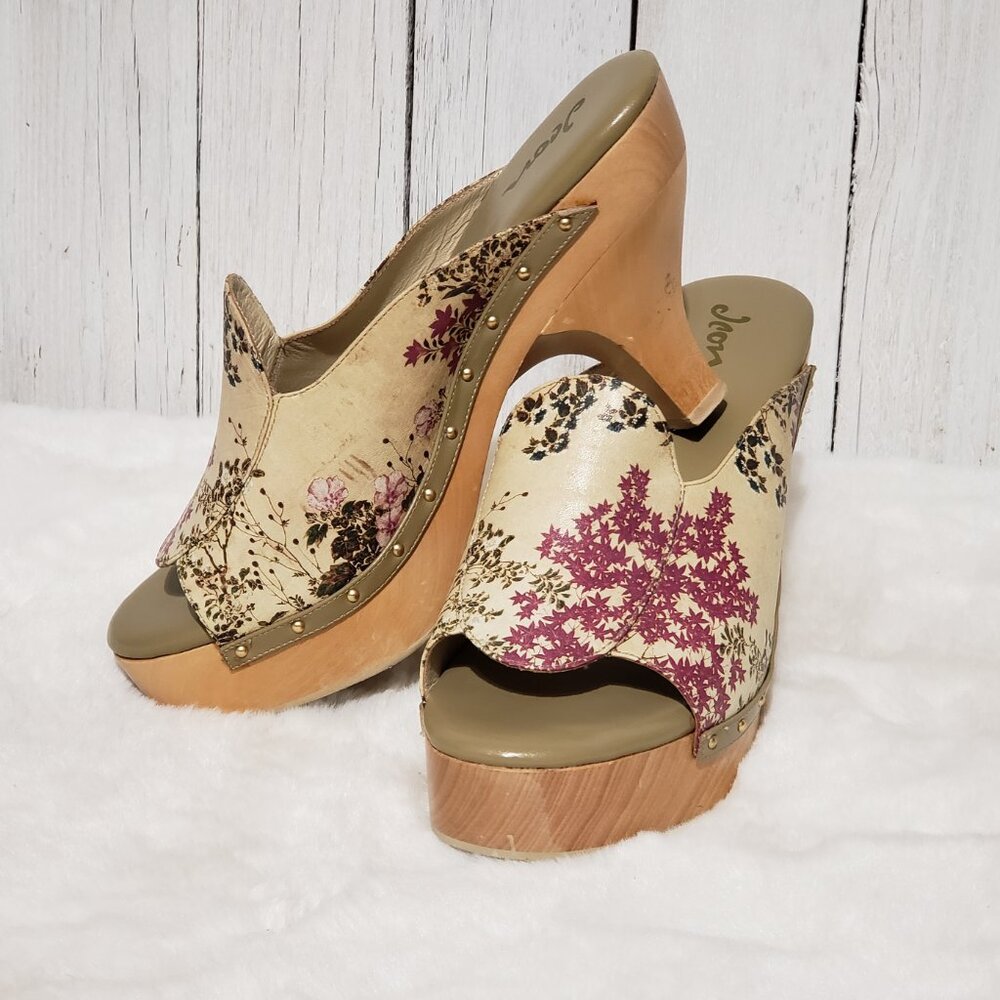 Jeon Art to Wear 9M Leather Heels Clogs Mules Italy Wood Floral Boho Indie Retro - Picture 2 of 11